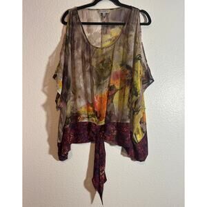 Figueroa & Flower Size XL Tie-Knot Abstract Watercolor Cold-Shoulder Sheer Top